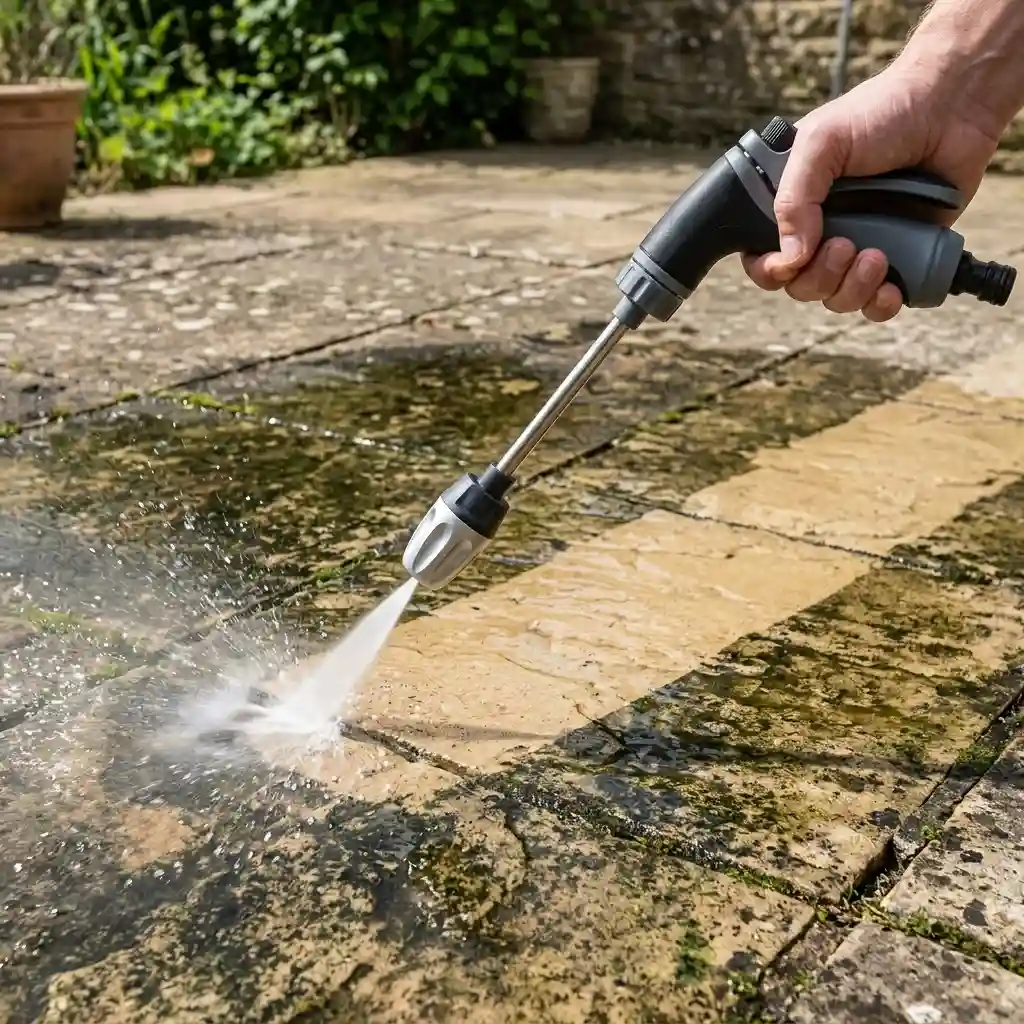 Ugello Jetterix pulisce una terrazza coperta di muschio — il getto rimuove muschio e sporco all'istante