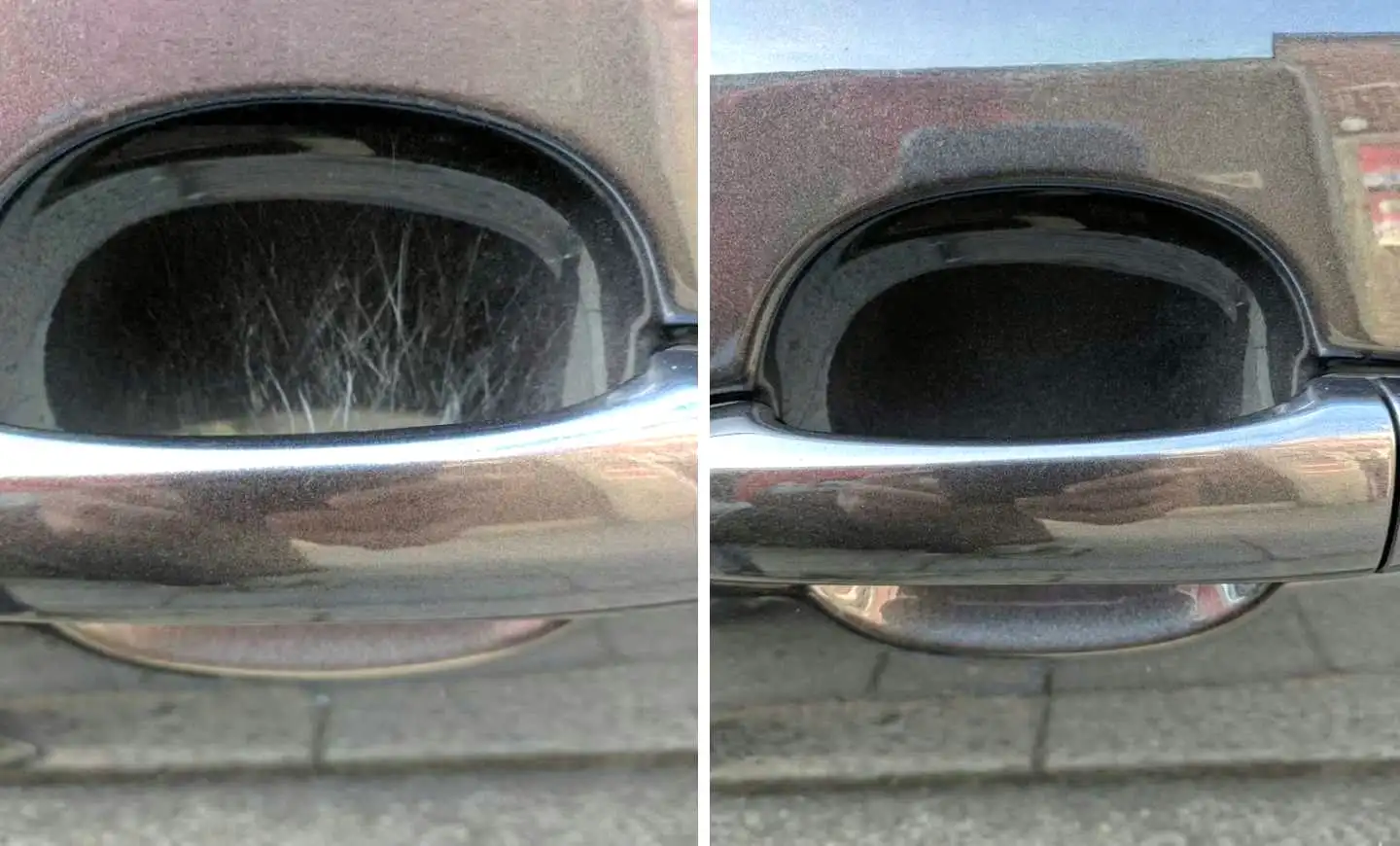 Il panno nano NanoPolix rimuove un graffio da chiave sulla vernice dell'auto – superficie danneggiata visibilmente ripristinata